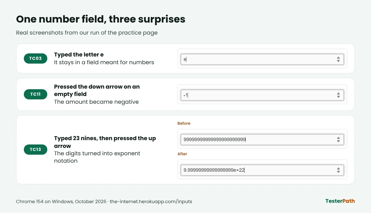 Number field screenshots from our manual testing career exercise: the letter e accepted, a value of -1, and 23 digits turning into exponent notation