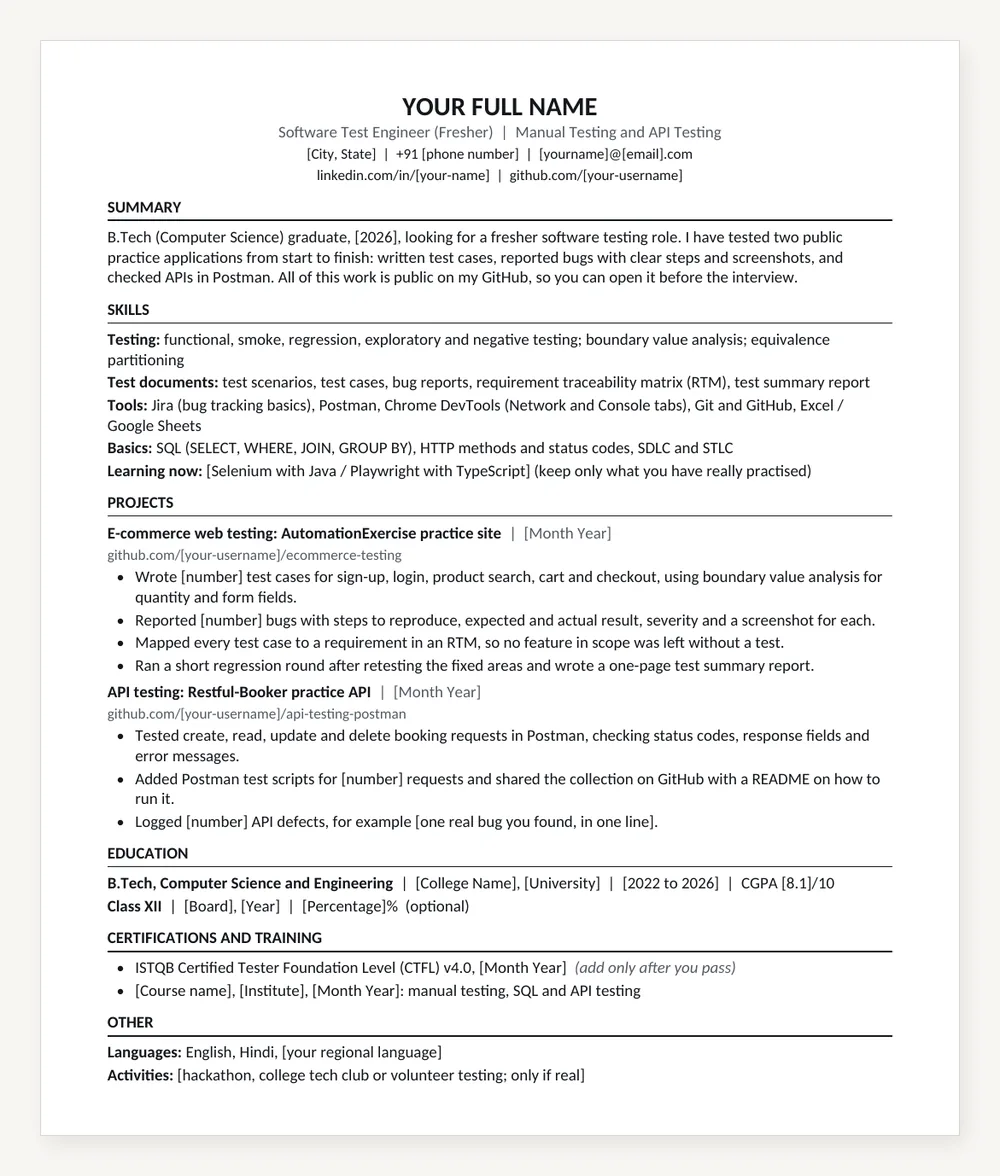 One-page software testing resume for freshers sample with summary, skills, two practice projects, education and certifications