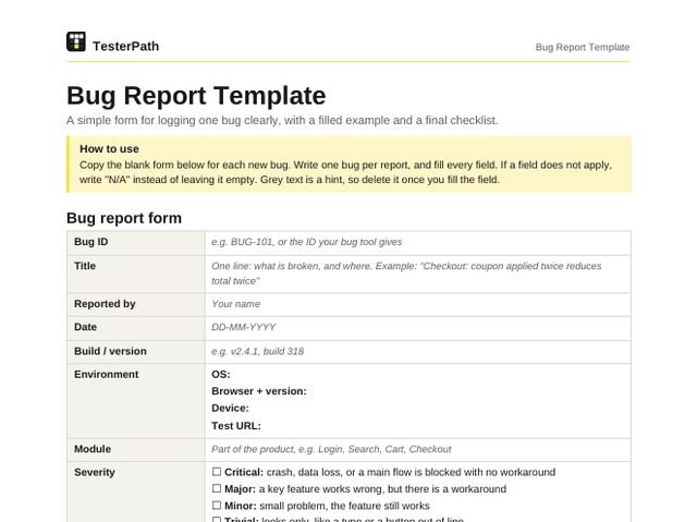 Preview of the Bug report template Word file