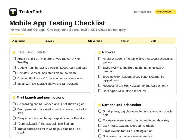 Preview of the Mobile app testing checklist PDF file
