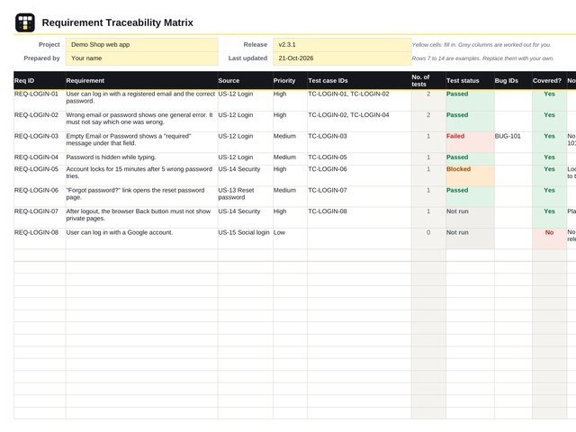 Preview of the Requirement traceability matrix (RTM) template Excel file