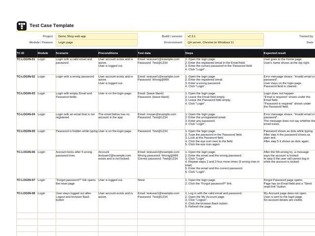 Preview of the Test case template Excel file