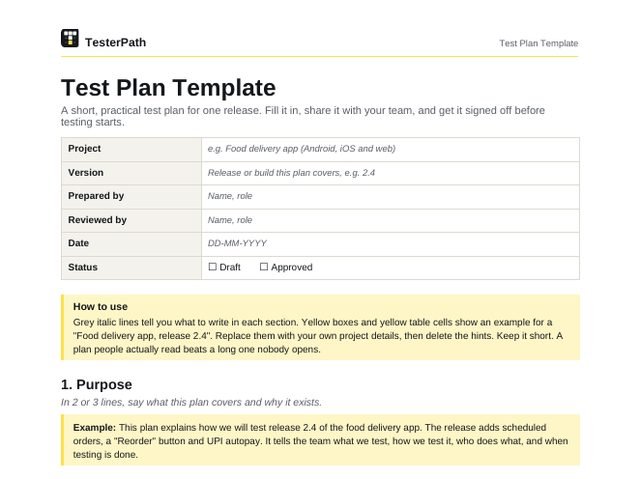 Preview of the Test plan template Word file
