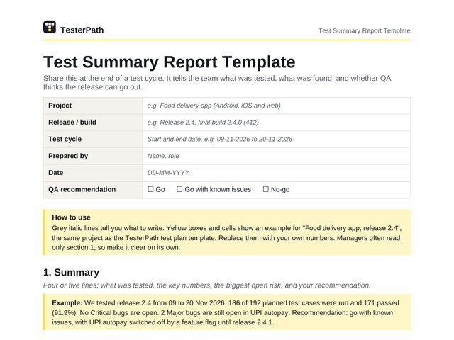 Preview of the Test summary report template Word file